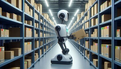 Robot assistant moves between racks with boxes in the warehouse, performing inventory