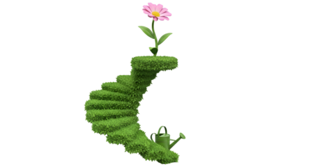 Green spiral staircase made of grass with a flower and watering can isolated on transparent background