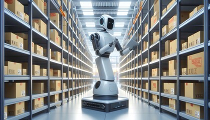 Robot assistant moves between racks with boxes in the warehouse, performing inventory