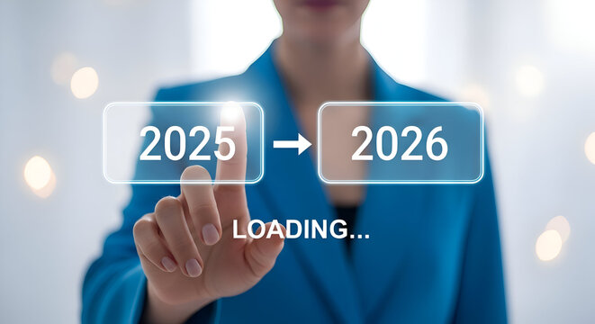 Businesswoman touching screen with 2025 to 2026 year button, business plan and strategy concept