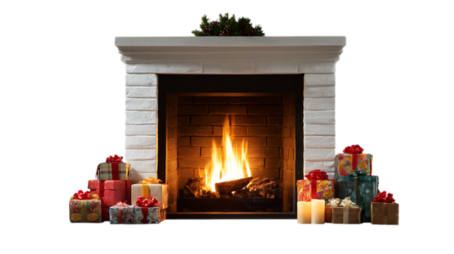Luxury indoor fireplace with gifts, isolated on white 