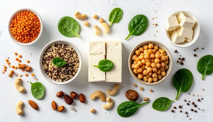 Vibrant plant based protein options for healthy eating and balanced diets, featuring tofu, lentils, chickpeas, quinoa, nuts and fresh spinach leaves