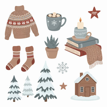 Minimal Scandinavian-inspired artwork with warm cozy objects symbolizing comfort and peaceful winter evenings.