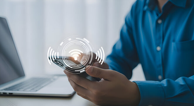 Man using smartphone with wifi icon, representing wireless connectivity and communication