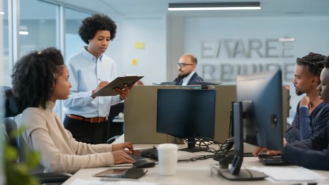 Group of professionals working together in a modern open-plan office. Business colleagues discussing projects, using computers and digital devices for teamwork and productivity. - Powered by Adobe