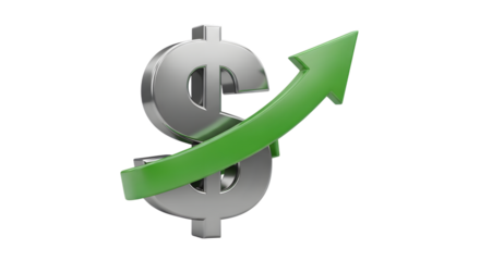 Silver dollar sign with a green upward trending arrow, isolated on transparent background