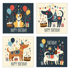 Happy Birthday Celebration With Dogs, Balloons, Gifts, And Festive Party Illustrations