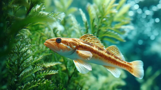 Colorful fish swimming gracefully among lush green seaweed in clear water.