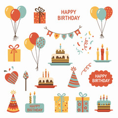 Happy birthday party set featuring a vector illustration of a celebration with cake, balloons, candles, and sweet dessert icons for holiday invitation design