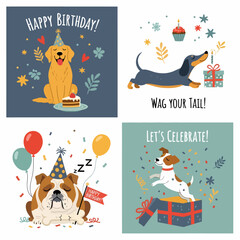 Happy Birthday Party Scene With Four Playful Dogs, Balloons, Hats, And Confetti — Colorful Illustrations