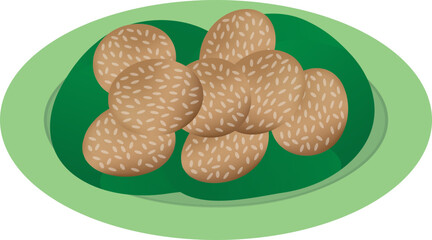 Onde-Onde Illustration On Plate, Indonesian cuisine. Traditonal Cake.