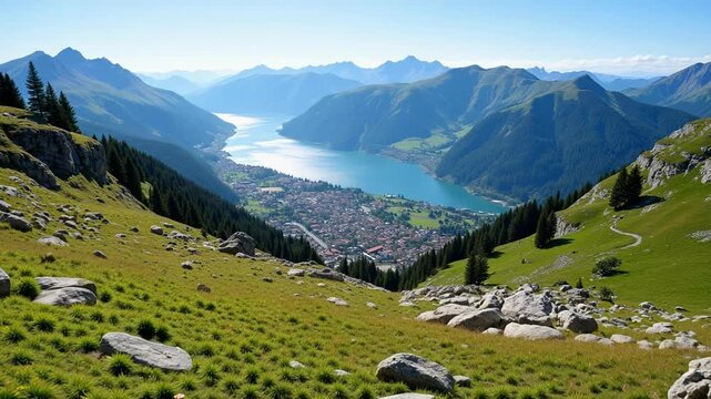 Stunning 4k video of Locarno city and Lago Maggiore from Cardada mountain, Swiss Alps, Ticino, Switzerland. Perfect for travel and tourism promos.