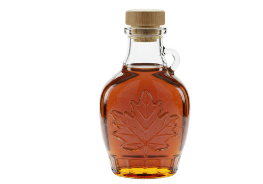 Isolated glass bottle of maple syrup with leaf design and wood cork for breakfast syrup