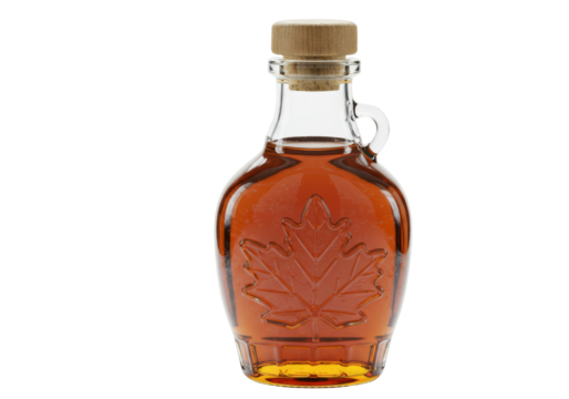 Isolated glass bottle of maple syrup with leaf design and wood cork for breakfast syrup