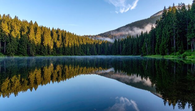 Serene mountain lake reflects lush green pine forest and misty sky during golden hour sunlight in a tranquil natural landscape