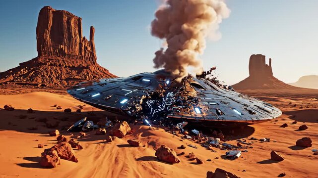 UFO Crash Site in Desert Landscape - The video shows a crashed UFO in a desert landscape. The spacecraft is smoking and broken amidst scattered debris, set against a backdrop of iconic desert buttes.