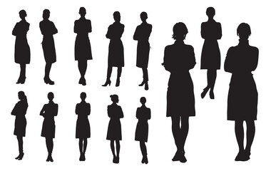 Silhouette of a businesswoman in an apron with crossed arms standing in front of a cashier. A businesswoman starting a new business. Some business concepts.


