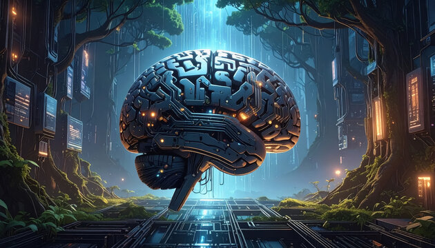 A brain at the center of a complex maze surrounded by code streams and digital circuitry in a futuristic setting