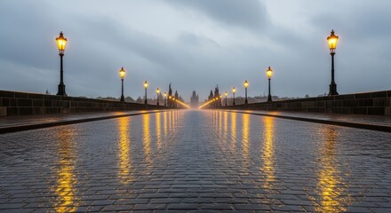 Misty evening on a historic cobblestone bridge lined with lit street lamps