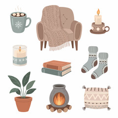 Hygge seamless pattern. Vector illustration with forest plants and cozy home things like candles, socks, wrap, cocoa, fireplace. Harmony with nature and cozy danish happiness concept.