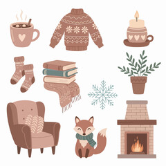 Cozy Winter Home Scene With Coffee, Blanket, Candle, Socks, Books, Chair, and Cozy Decor
