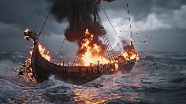 Viking Ship Ablaze in Stormy Seas - A wooden Viking longship with a dragon head figurehead is engulfed in flames on a choppy ocean.
