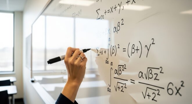 Hand writing mathematical equations on whiteboard in classroom setting
