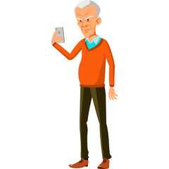 Elderly Man With Gray Hair Wearing An Orange Sweater And Brown Pants Holding Up A Mobile Phone For A Selfie Or To View Content Isolated On White Background