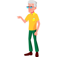 Elderly Man With Gray Hair Wearing Blue Eyeglasses Yellow Polo Shirt And Green Pants Posing Against White Background Detailed Character Illustration
