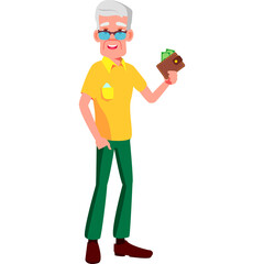 Elderly Man With Gray Hair And Blue Glasses Holding Wallet Full Of Money In Yellow Polo Shirt And Green Pants
