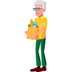 Elderly Caucasian Man With Gray Hair And Blue Eyeglasses Carrying Groceries In A Brown Paper Bag Wearing A Yellow Polo Shirt And Green Pants Standing On A White Background