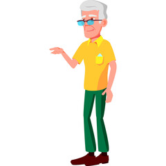 Elderly Caucasian Man With Gray Hair And Glasses Standing With Hand Outstretched Wearing A Yellow Polo Shirt And Green Trousers In A Studio Setting