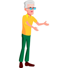 Fototapeta premium Elderly Man Wearing Blue Eyeglasses Yellow Polo Shirt and Green Trousers With Arms Outstretched In A Welcoming Gesture Isolated On White Background Studio Shot