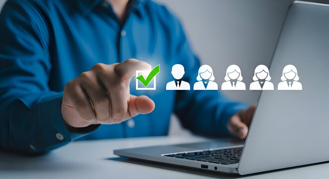 Businessman using laptop with human resource management and recruitment concept online