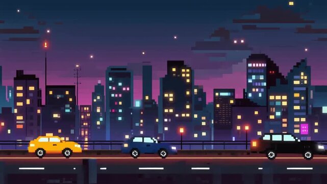 Pixel Night City with Moving Car Lights &ndash; 8-Bit Animation Loop