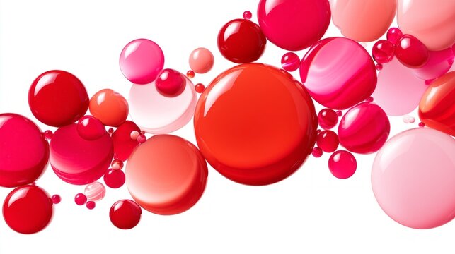 Soft and glossy oil bubbles float across a white surface, showcasing a playful arrangement of reds, pinks, and corals. This enchanting blend captures the essence of organic beauty and fluidity