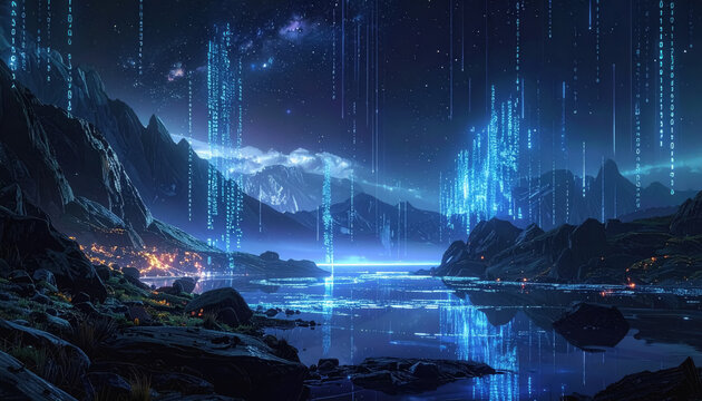 Futuristic city with a river in the foreground surrounded by floating code holograms against a dark background