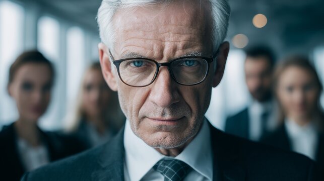 Senior businessman with gray hair and glasses, dressed in a formal suit, stands confidently in an office environment, surrounded by colleagues, showcasing leadership and professionalism