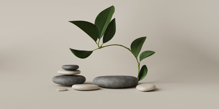 3D display podium beige background with green plant leaf . Nature leaves. Minimal beauty stone pedestal. Cosmetic product presentation. Template with sun shadow. Studio 3d render	