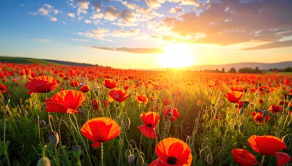 Fototapeta premium Vibrant Red Poppies Bloom In A Sun Drenched Field Under A Golden Sunset Sky With Wispy Clouds