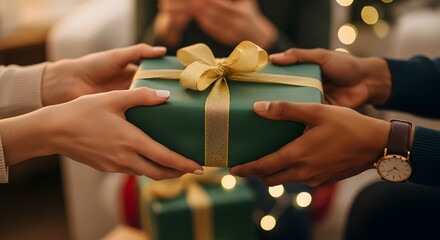 Hands exchanging a wrapped gift box with a golden bow, celebrating a special occasion.