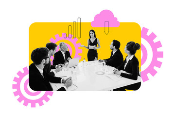 Banner image pop artwork 3d photo collage of happy business partners girls guys arrow development archive cloud gearwheel