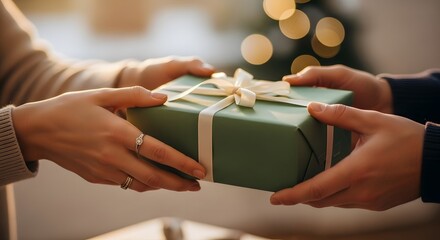 Hands exchanging a wrapped green gift with a white ribbon, with a blurred Christmas tree and lights in the background.