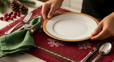 A person setting a formal dining table with a plate, napkin, and silverware for a festive occasion.