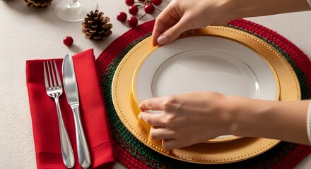 Hands arranging a festive table setting, placing a plate on a charger for a holiday meal.