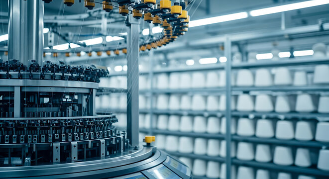 Close-up of a circular knitting machine in operation at a textile factory, with spools of yarn in the background.