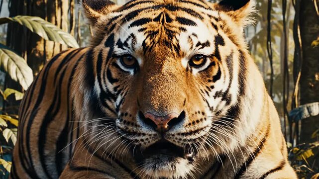 Bengal Tiger Portrait - This striking close-up features a Bengal tiger lying in a forest setting. The tiger's intense gaze and detailed fur pattern are prominently displayed, with surrounding lush