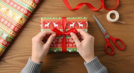 Hands tying a red ribbon bow around a wrapped Christmas gift, preparing for the holiday season.