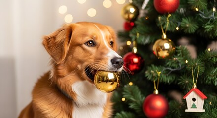 A brown and white dog holds a gold ornament in its mouth, sitting next to a decorated Christmas tree with red and gold baubles.