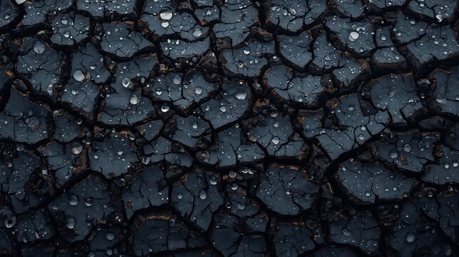 Flat lay of dark tree bark with deep cracks, decorated with morning dew droplets reflecting soft light, extremely sharp wood pore texture - Powered by Adobe